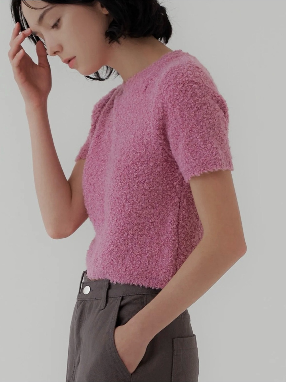 Double Zero Pink Bouclé Short-Sleeve Sweater Top